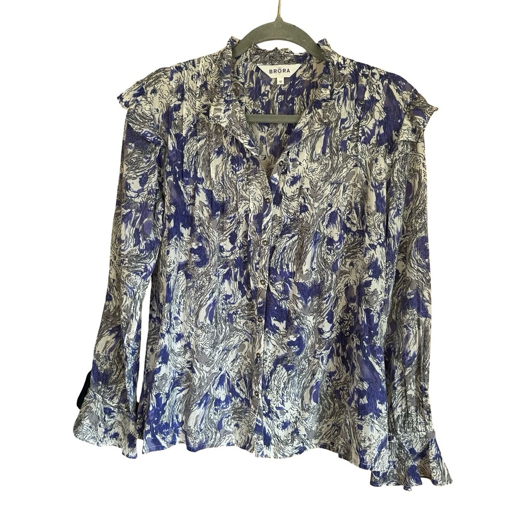 Brora Button Down Ruffle Sleeve Blouse Purple Cotton and Metallic Sz 10